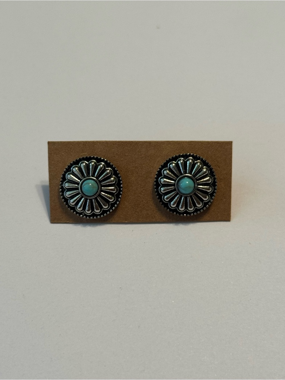 Silver Tone Flower Turquoise Country Western Boho Stud Earrings
